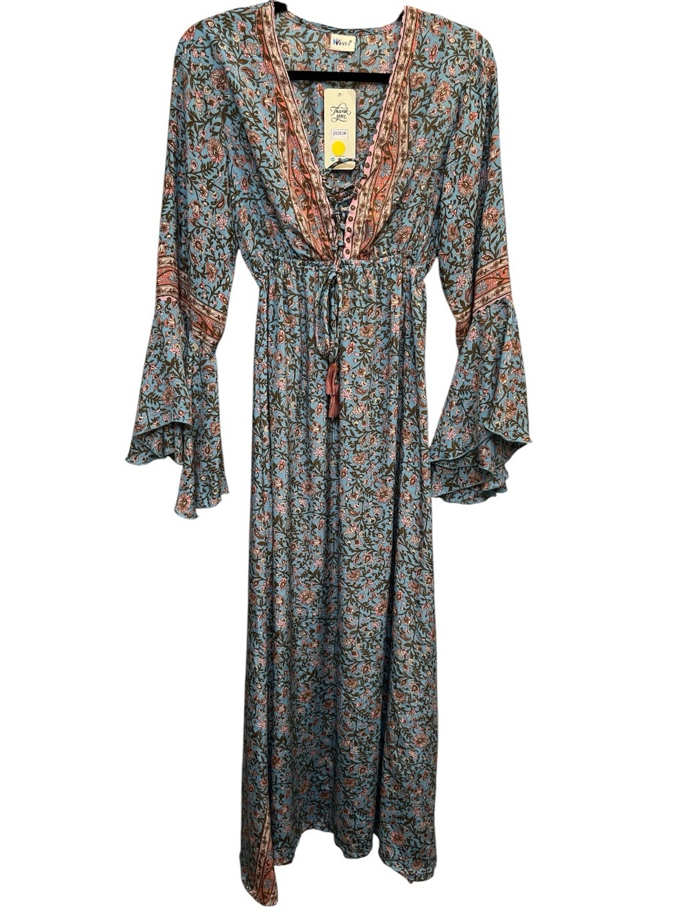 Wevez Silky print bell sleeve lace up front dress w/ tassels  elastic waist NWT